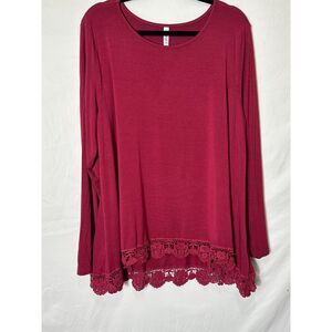 Cueply Women's Plus Size Cranberry Stretchy Knit Tunic Blouse Lace Detail SZ 2X
